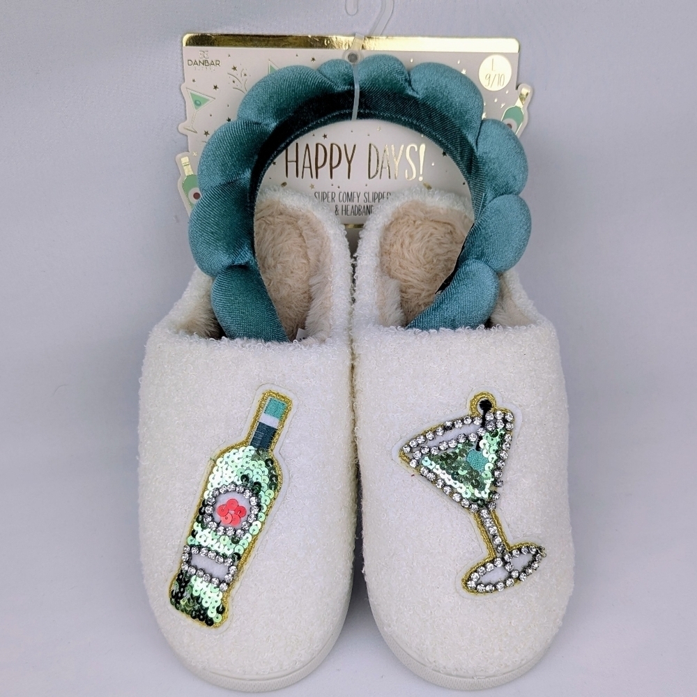 Slippers & Headband Martini Bottle Sherpa Embroidery Sequins Ivory L (9/10) NWT